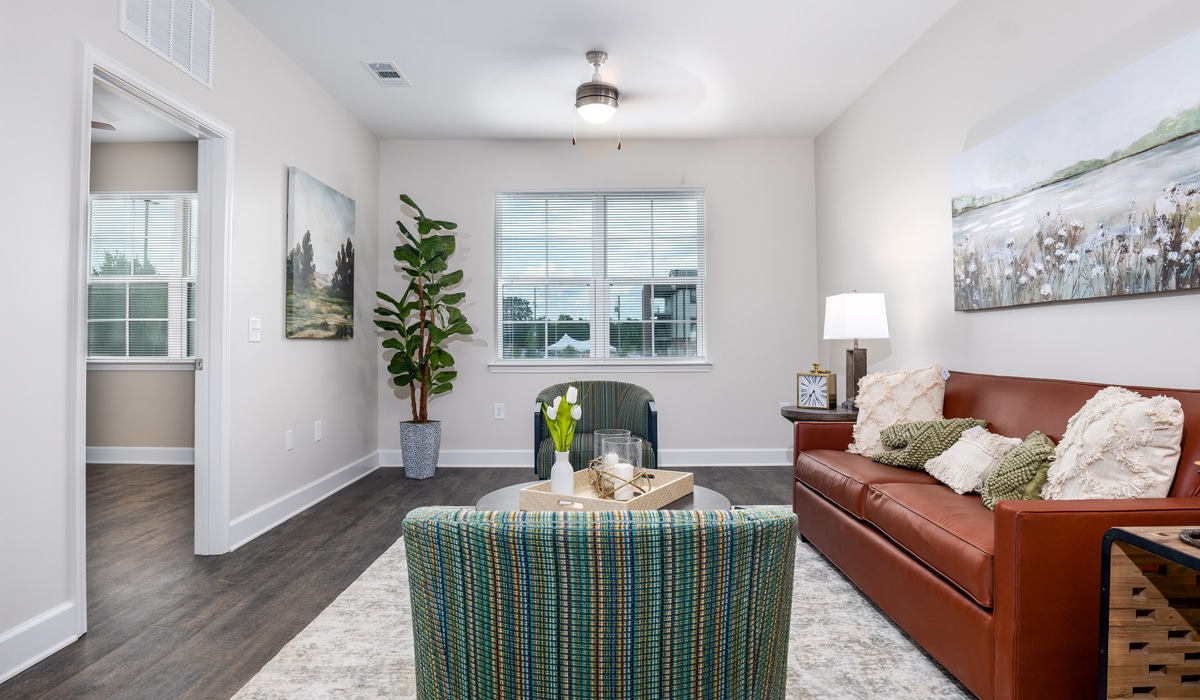 A modern living room with a brown leather sofa, patterned green chairs, a coffee table, and decorative cushions. Light walls feature two paintings, and a large plant stands by the window. Natural light streams in, highlighting a cozy, welcoming space.