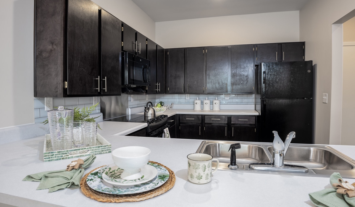 Modern kitchen with dark wood cabinets, black appliances, and a white countertop. The counter features a sink, decorative plates, a mug, and a glass set. Three jars are aligned on the far countertop, and subway tiles form the backsplash.