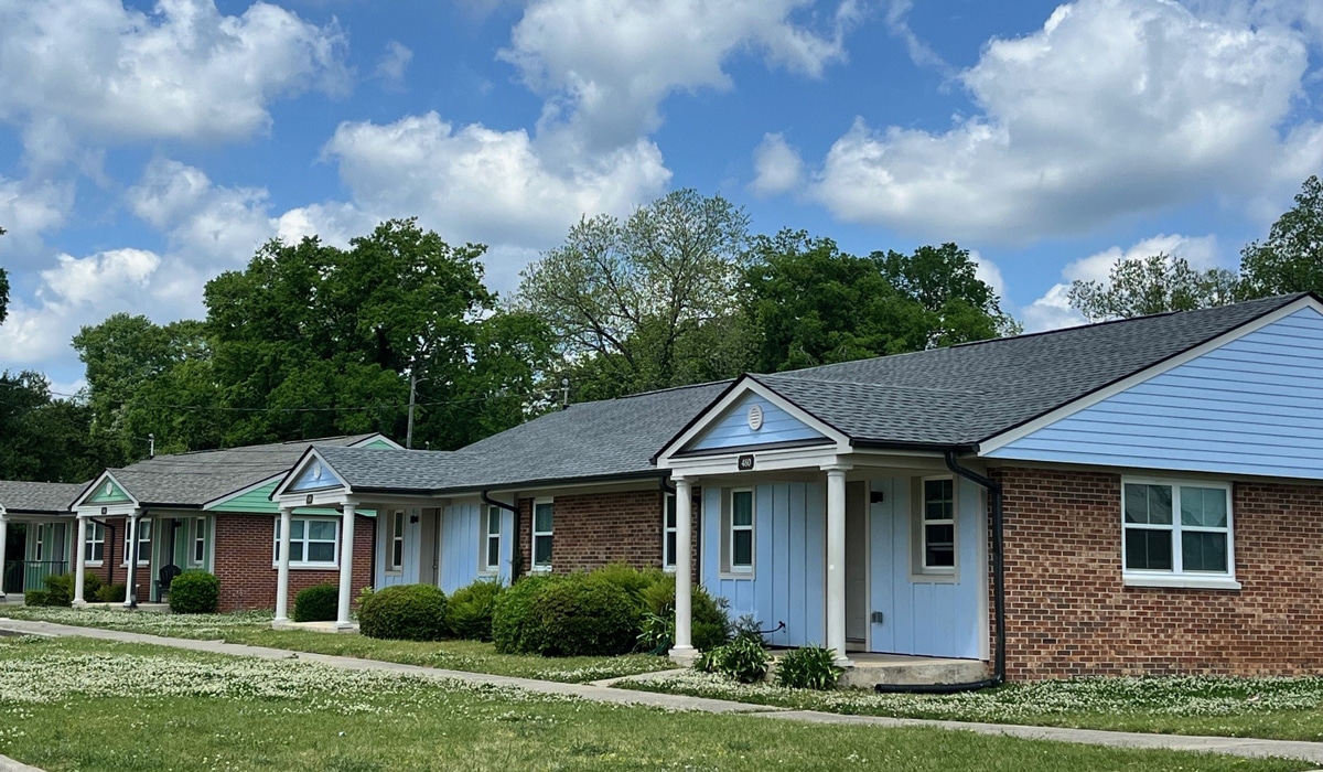 A row of single-story brick houses with small porches, set against a backdrop of green trees and a partly cloudy sky. The grass in front is dotted with small white flowers.